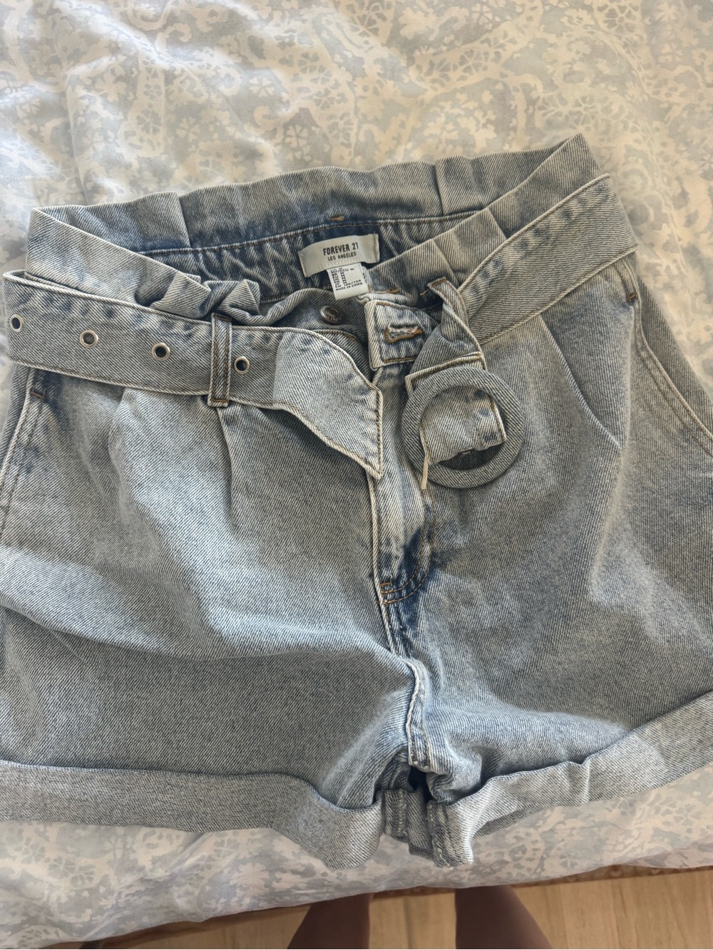 Forever 21 Light Blue Paperbag Waist Denim Shorts with Belt